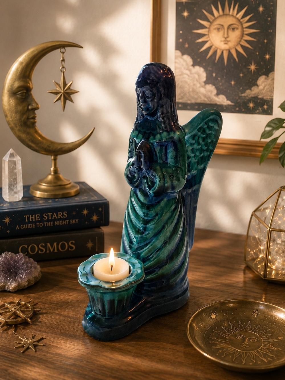 Vintage Blue Mountain Pottery Praying Angel Taper Candle Holder Green Celestial